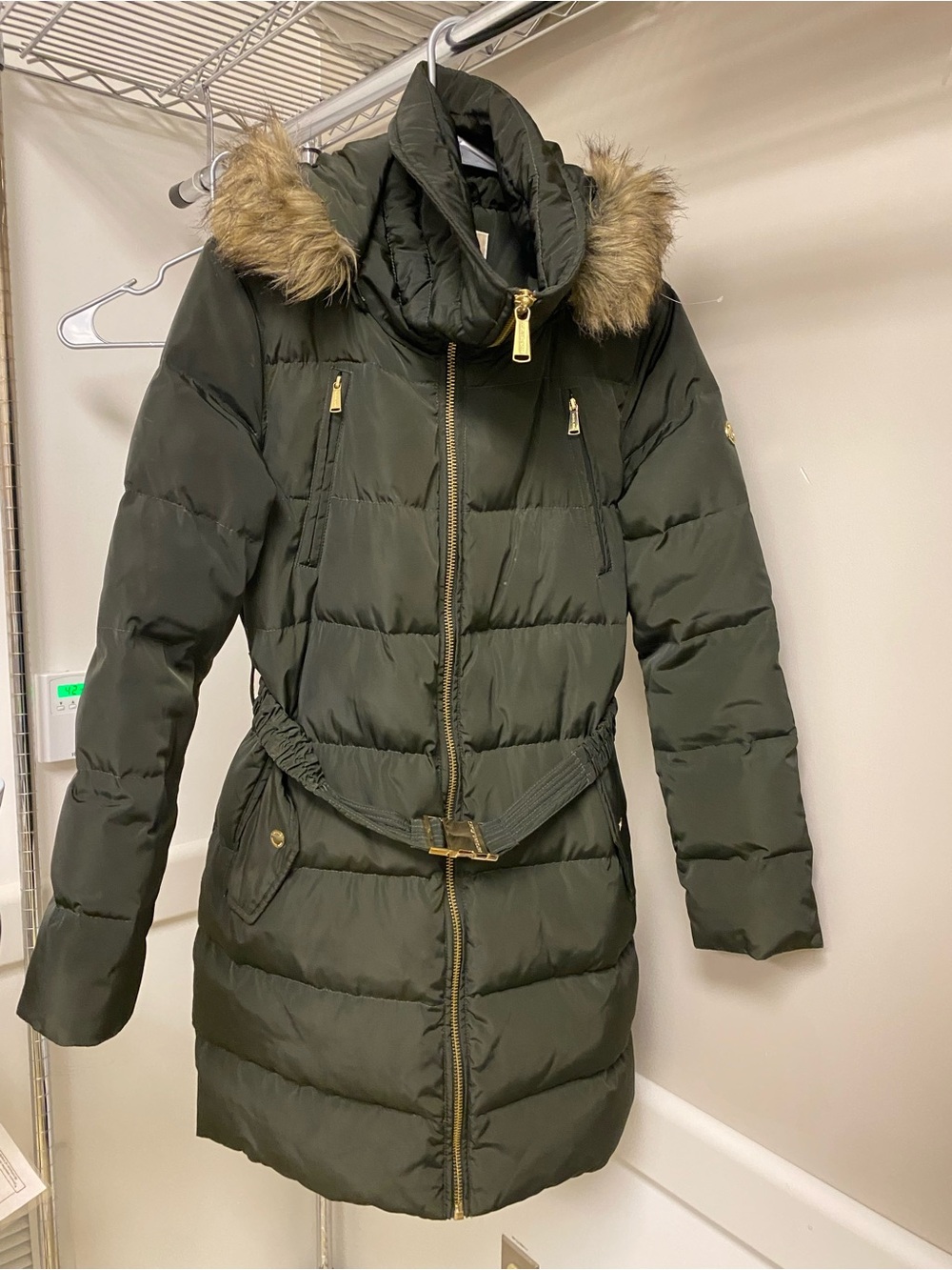 MICHAEL Michael Kors Olive Green Quilted Puffer Coat with Faux Fur Hood Trim